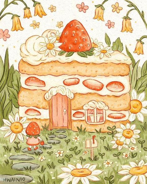 Strawberry Shortcake House, 귀여운 음식 그림, Kawaii Art, Cute Doodles, Whimsical Art, الرسومات اللطيفة, Cute Illustration, Strawberry Shortcake, Pretty Art