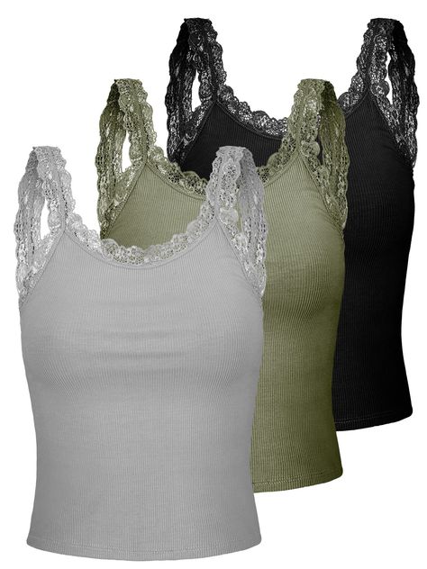 PRICES MAY VARY. Lace Trim Design: this lace trim tank tops cami uses lace trim design at the waistband collar and shoulder strap, which is elegant and trendy; You can wear romantic lace camisoles in different occasions; Lace trim camiole will make you more attractive in the crowd Package Including: you will receive 3 pieces of lace strap sleeveless camisole tank tops in different colors, including black, army green and gray; Women lace tank tops cami adopts classic color, which is simple and el Patchwork Tank Top, Lacy Tank Top, Tight Tank Top, Lace Trim Tank Top, Y2k Tops, Lace Cami Top, Cute Tank Tops, Lace Straps, Lace Camisole