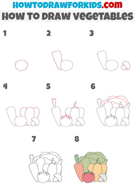 how to draw vegetables step by step How To Draw Vegetables Step By Step, How To Draw Vegetables, Fruits Artwork, Draw Vegetables, Easy Still Life Drawing, Vegetables Drawing, Easy Vegetables, Drink Doodles, Draw Food