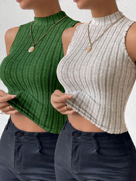 Green Casual Collar  Knitted Fabric Plain Tank Embellished Slight Stretch  Women Clothing Women Tank Tops, Workout Tank Tops, Inspiration Mode, Tank Top Cami, Vintage Stil, Stand Collar, All Fashion, Women Clothing, Rib Knit