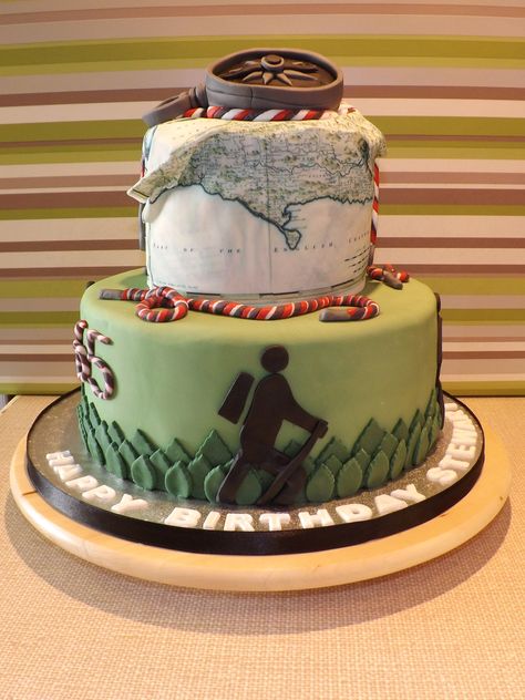 Hiking' themed birthday cake Hiking Cake Ideas, Hiking Cake, Rock Climbing Cake, Mountain Cake, Camping Cakes, 80 Birthday Cake, Fondant Cake Designs, Birthday Cake For Him, 40th Birthday Cakes