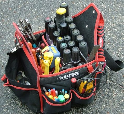 Modified Tool Bags - Electrician Talk - Professional Electrical Contractors Forum Tool Bag Organization Ideas, Tool Bag Ideas, Hvac Tool Bags, Organized Tools, Best Tool Bag, Lineman Tools, Tool Bag Organization, Electrician Tool Bag, Hvac Tools