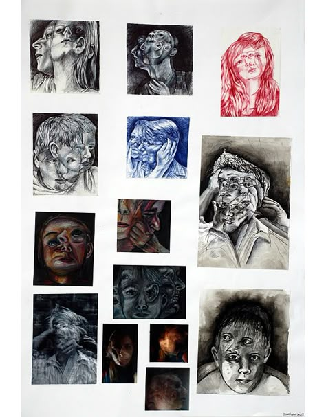 A thorough and comprehensive A2 Art folder: this page illustrates the large range of media that Claire explored in her work. Double Portraits, Strong Drawing, Art Final Piece, Get Better At Drawing, Advanced Higher Art, Sketchbook Layout, Art Alevel, A Level Art Sketchbook, Gcse Art Sketchbook