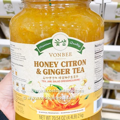 Costco Vonbee Honey Citron & Ginger Tea Review | CostContessa Ginger Lemon Honey Tea, Ginger Uses, Warm Drinks Recipes, Recipe Using Honey, Ginger Tea Benefits, Ginger Tea Recipe, Ginger Drink, Salad Dressing Recipe, Orange Tea