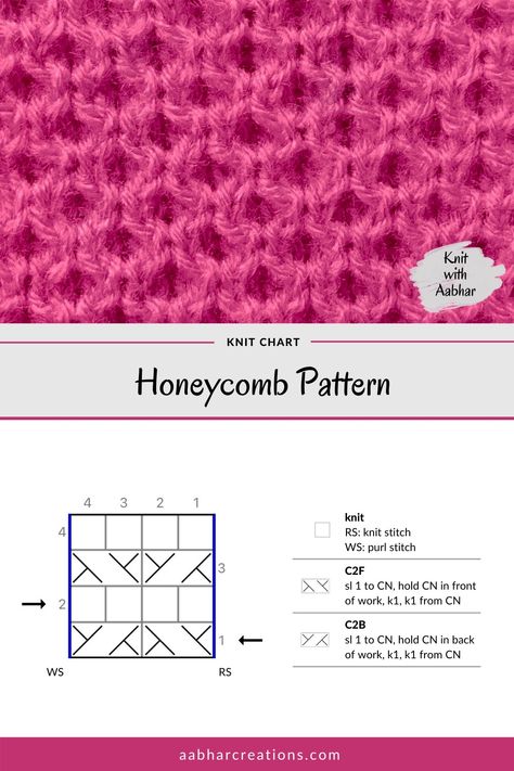 Learn to make the honecomb stitch knitting pattern from this easy to follow stitch chart! Click here for detailed instructions! #aabharcreations #knitwithaabhar #learntoknit #knittingpattern #freepattern #stitchchart #cableknitting Irish Knitting, Slip Stitch Knitting, Stitch Knitting Pattern, Knitting Squares, Lace Knitting Stitches, Honeycomb Stitch, Cable Knitting Patterns, Knit Stitches, Knit Dishcloth