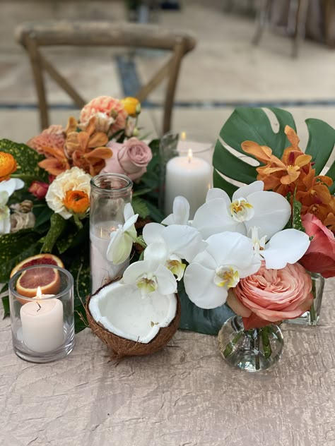 Vintage Hawaiian Wedding, Polynesian Wedding Decorations, Havana Night Wedding Theme, Hawaii Wedding Aesthetic, Tropical Wedding Aesthetic, Tropical Wedding Theme Elegant, Moody Tropical Wedding, Tropical Bridal Shower Ideas, Hawaii Wedding Reception