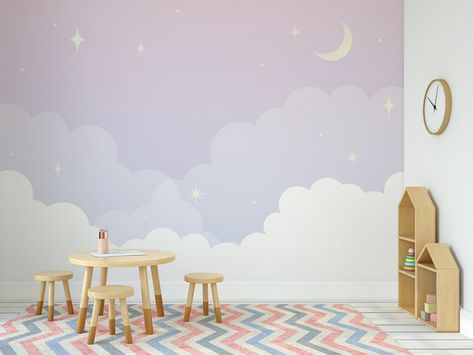 Nursery Wallpaper Mural Pastel Purple Night Sky Mural Easy - Etsy Australia Lavender Clouds Wallpaper, Toddler Purple Bedroom, Pastel Baby Nursery, Purple Baby Room, Purple Childrens Bedroom, Purple Mural, Purple Nursery Room, Purple Nursery Ideas, Baby Room Mural Ideas