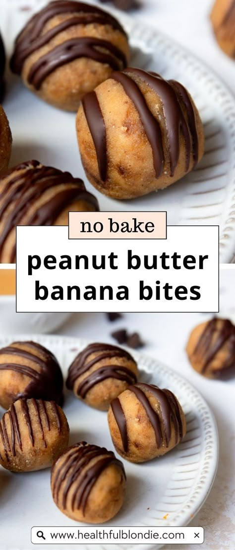 These no-bake banana peanut butter bites taste just like banana bread and only take 10 minutes to prepare. They're the perfect quick and easy healthy dessert, snack, or on-the-go breakfast. No oats in this recipe! Easy Breakfast Ideas No Bake, No Bake Banana Bites, Easy Snacks Banana, Peanut Butter And Banana Snacks, Banana Pb Chocolate Bites, Peanut Butter And Bananas, Recipes With Bananas And Peanut Butter, Banana Dessert No Bake, Healthy Banana And Peanut Butter Recipes