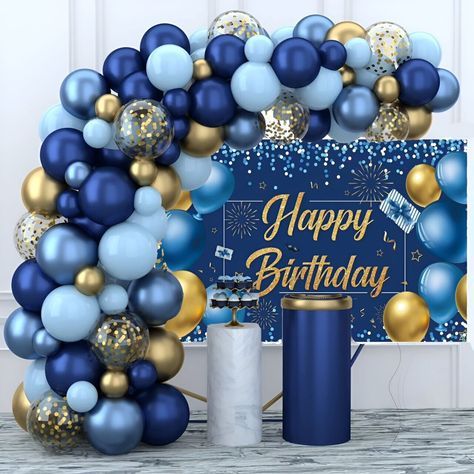 Blue Background Birthday Decoration, 40th Birthday Blue And Gold, Metallic Blue Balloon Garland, Male Birthday Backdrop Ideas, Blue Colour Birthday Decoration, Blue And Gold 50th Birthday Party, Blue And Gold Themed Party, Royal Blue Backdrop Ideas, Blue Color Theme Party Ideas For Adults