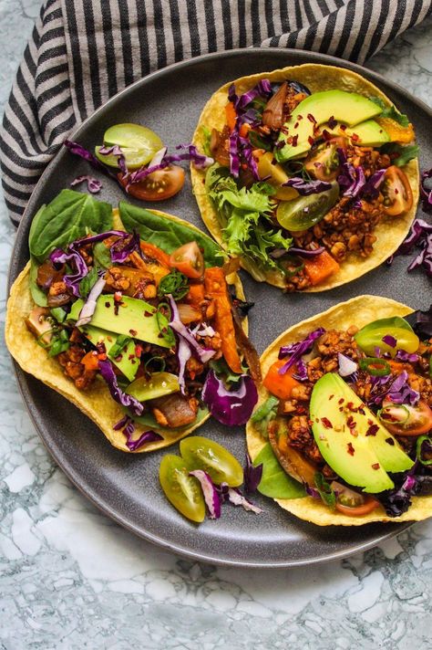 Chipotle Garlic Tempeh Tacos Tempeh Tacos, Chipotle Powder, Fall Vegan Recipes, Plant Based Lunch, Vegan Recipes Plant Based, Taco Shells, Vegan Holiday Recipes, Vegan Lunches, Vegetable Broth