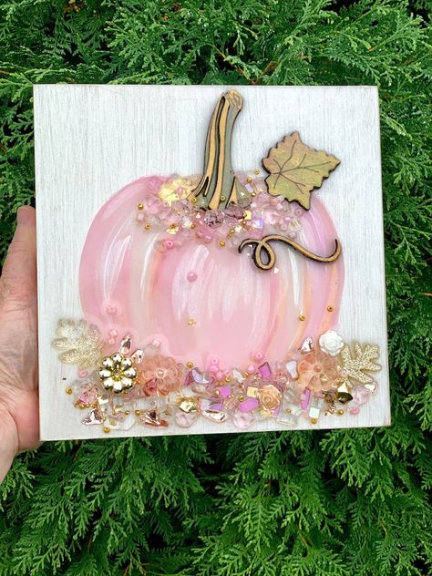 Blush Pink Pumpkin Painting Glass and Resin Art Glass Art Resin Art Resin Wall Art Fall Decor - Etsy Fall Resin Art, Ripped Canvas Art, Glitter Glue Art, Pink Pumpkin Painting, Pumpkin Rocks, Mixed Media Resin Art, Art Shattered, Glass And Resin Art, Crushed Glass Art