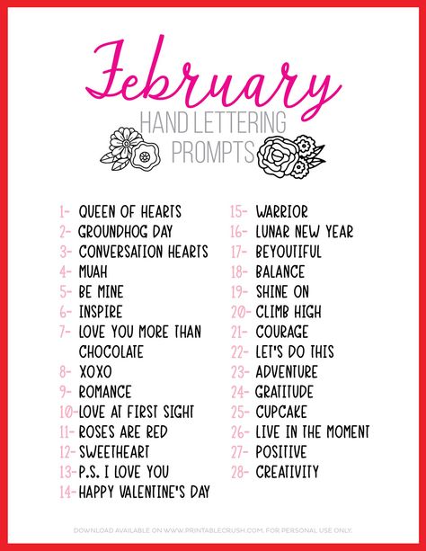 Lettering Prompts, April Lettering, February Lettering, Days Of February, Lettering Worksheets, 30 Day Drawing Challenge, Journal Challenge, Art Journal Prompts, Drawing Challenges