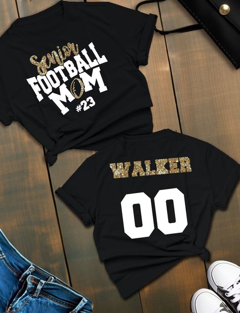 Custom Senior Football Mom Shirt Make this last year memorable! Glitter like a champ in our exclusive Senior Football Mom Shirt, designed to make you and your MVP stand out in the crowd and on the field! *This custom shirt is handmade with professional vinyl. *Our shirts are unisex and are true to size! *In the photo's you will be able to see the custom options in regards to color that you may choose from. *We use 100% cotton shirts. The glitter material does not wash off and will last through multiple washes.  *If your shirt color is out of stock we will contact you as soon as possible to see if you would like to change shirt colors. By purchasing from us you agree to the following statements: *Due to the custom nature of this item we do not accept exchanges or refunds. *We are also not r Glitter Tshirt, Basketball Senior Night, Senior Football, Basketball Mom Shirts, Sports Mom Shirts, Senior Shirts, Football Mom Shirts, Cheer Shirts, Mom Tshirt