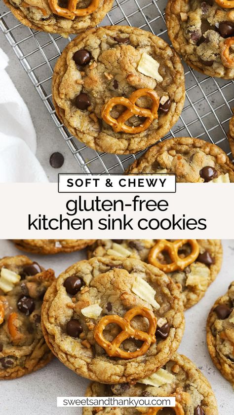 Panera Cookies, Cookies With Pretzels, Kitchen Sink Cookies Recipe, Gluten Free Holiday Cookies, Best Gluten Free Cookies, Sink Cookies, Gluten Free Cookie Dough, Kitchen Sink Cookies, Everything But The Kitchen Sink