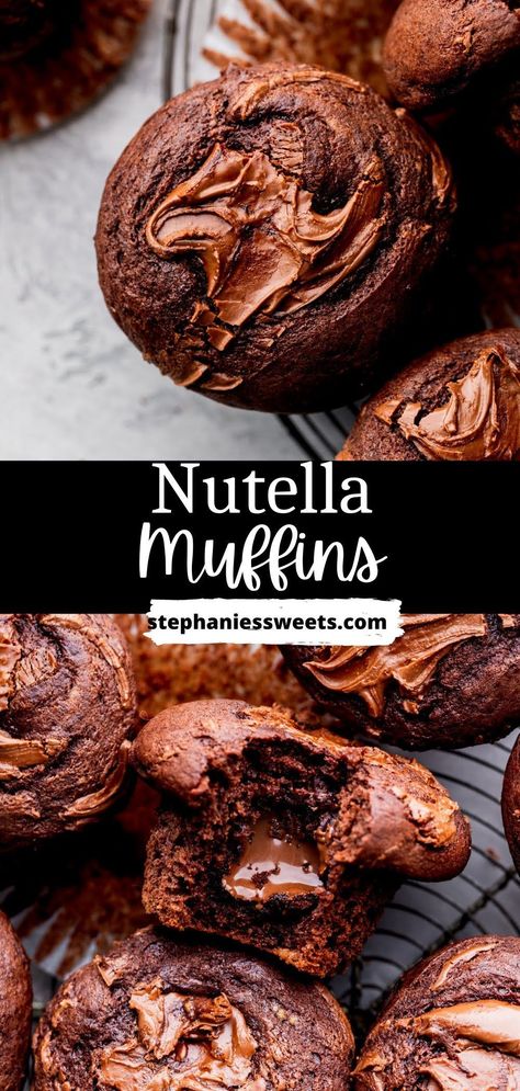 These are soft chocolate Nutella muffins with Nutella inside and swirled on top! They are easy to make and don't even require a mixer! Nutella Dessert Recipes, Nutella Muffins, Spring Recipes Dessert, Nutella Desserts, Cheap Meal, Breakfast Recipes Sweet, Baking Fun, Cupcake Recipes Chocolate, Nutella Recipes