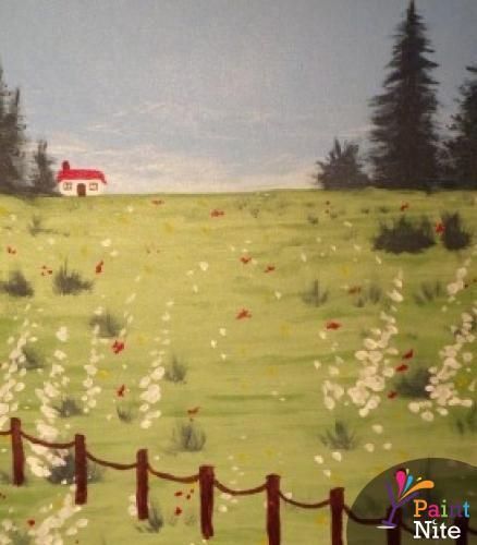 Coyote's - Wed. 4/15 Cottage House Drawing Easy, Easy Meadow Painting, Paiting Aesthetic Ideas Easy Canvas, Meadow Drawing Simple, Cottage Painting Easy, Garden Scenery Drawing, Cottage Core Paintings, Cottage Core Painting Ideas, Meadow Drawing