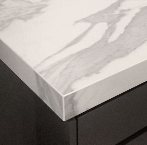 Neolith Statuario benchtop edge detail - good article on pros and cons of porcelain slabs Porcelain Tiles Kitchen, Kitchen Porcelain, Marble Porcelain Tile, Before After Kitchen, Statuario Marble, Kitchen Benchtops, Joinery Design, Custom Kitchens Design, Kitchen Company