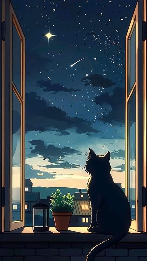 Kawaii Black Cat, Cat Phone Wallpaper, Arte Inspo, Cool Wallpapers Art, Dessin Adorable, Art And Illustration, Pretty Wallpapers Backgrounds, Cat Wallpaper, Anime Scenery Wallpaper