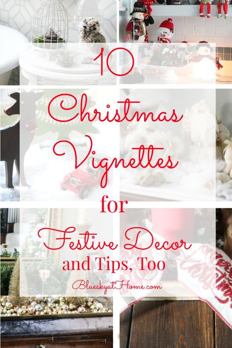 10 Christmas Vignettes for Festive Decor. Groups of decorative items lend charm, character, and life to any space, especially for holiday decorating. BllueskyatHome.com #christmasdecorations #christmasvignettes #vignettes #holidayideas Christmas Coffee Table Vignettes, Christmas Village Displays Ideas, Holiday Vignettes Decorating Ideas, Christmas Decor Vingette, Home Decor Vignettes, Christmas Vignettes Farmhouse, Christmas Table Vignettes, Vintage Christmas Vignettes Display, Christmas Vinyettes Decorating Ideas