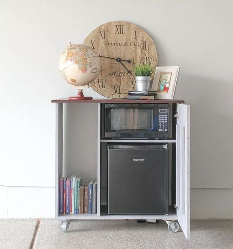 Store your compact appliances in this mini refrigerator storage cabinet. This piece is perfect for your office, guest room, basement, or anywhere you want easy access to food but don’t want the space to look like a kitchen! #sawdustsisters #kitchenideas #dormroom #dorm #minifridge Mini Fridge In Bedroom, Mini Fridge Cabinet, Microwave Storage, Dorm Fridge, Cool Mini Fridge, Refrigerator Cabinet, Dorm Storage, Mini Refrigerator, Small Fridges