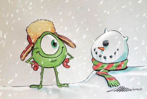 "Mike Wazowski finds someone he can see eye-to-eye... Monster Co, Cartoon Tutorial, Pixar Animation Studios, Pixar Animation, Classic Christmas Movies, New Year Illustration, Disney Monsters, Mike Wazowski, Cute Disney Pictures