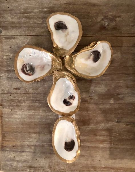 Oyster Shell Wood Coastal Home DecorArt Wall Hanging Cross | Etsy Oyster Shell Cross, Oyster Cross, Shell Cross, Cross Wall Art, Wedding Shower Decorations, Coastal Home Decor, Painted Shells, Tabletop Accessories, Oyster Shells