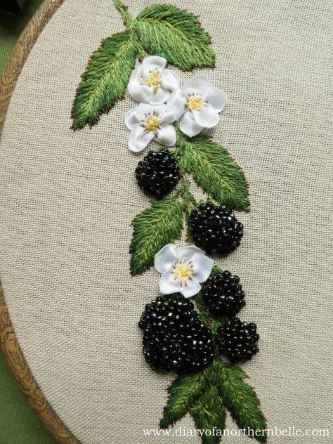 Beaded Blackberries: Inspired by Regency Fiction - The Diary of a Northern Belle Beaded Blackberry Tutorial, Food Embroidery Ideas, Embroidered Blackberries, Flower Bead Embroidery, Blackberry Embroidery, Embroidery Berries, Embroidered Berries, Linen Headbands, Berry Embroidery