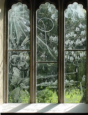 One of the Whistler hand-etched glass windows; St Nicholas, Moreton, was his most important commission Etched Glass Windows, St Nicholas Church, Gothic Buildings, Reeded Glass, Glass Engraving, St Nicholas, Jambalaya, Through The Window, Through The Looking Glass