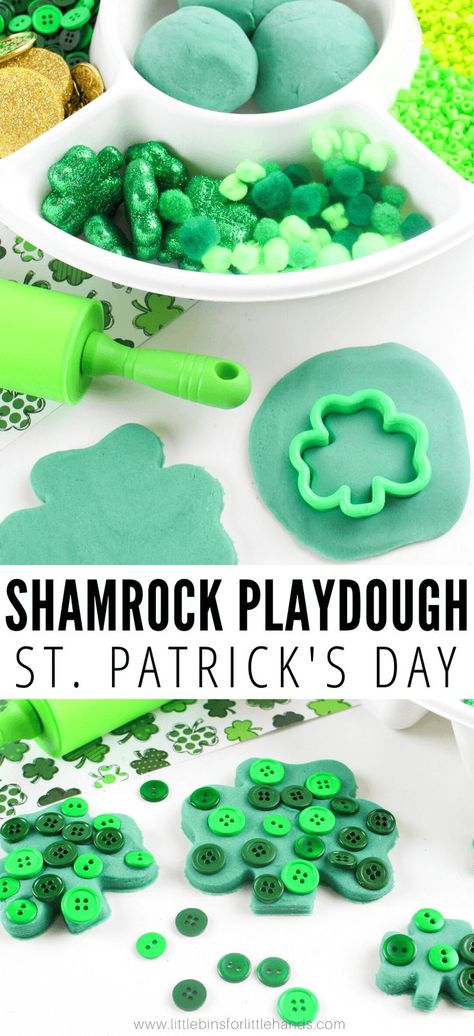 Shamrock Playdough For St Patrick's Day | Little Bins for Little Hands. The best playdough for preschool and elementary age kids. Celebrate St. Pattrick's Day in the classroom or at home with this fun hands on science lesson. A STEM activity for teachers to use in school and for parents to use at home with a homeschool curriculum. Create your own DIY playdough!  #diyplaydough #stpatricksday #classroomactivity Sensory Playdough, Playdough Activity, Playdough Sensory, Diy Playdough, Homemade Playdough Recipe, St Patricks Crafts, March Activities, St Patricks Day Crafts For Kids, St Patrick Day Activities