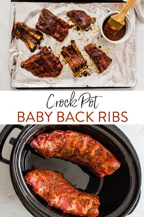 Crock Pot Baby Back Ribs are cooked in the slow cooker and then finished off with BBQ sauce under the broiler for a few minutes. Fall-off-the-bone tender, easy, and absolutely delicious! Freezing instructions included. #ribs #slowcooker #crockpot #recipe #freezermeal #freezercooking Ribs In Crockpot Then Oven, Crockpot Ribs Without Bbq Sauce, Easy Baby Back Ribs In Crock Pot, Crock Pot Baby Back Ribs Slow Cooker, Pork Baby Back Ribs Crock Pot, Slow Cooker Ribs Crock Pots, Crock Pot Ribs Recipe Slow Cooker, Baby Back Ribs In Crock Pot, Crock Pot Baby Back Ribs