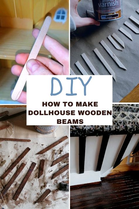 Doll House Shutters Diy, Miniature Tutorials Step By Step, Tudor Dollhouse Interior, Dollhouse Shingles Diy, Cottage Dollhouse Interior, Cottage Core Dollhouse, Cottage Beams, Diy Miniatures Tutorials, Dollhouse Interior Ideas