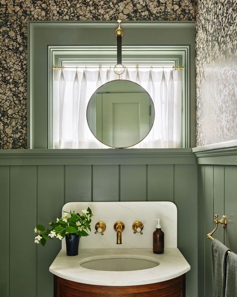 powder room ideas Powder Room In Mudroom, Hand Painted Powder Room, Powder Room Box Trim, Wall Mount Faucet Powder Room, Colorful Powder Room, Powder Room Paint Colors, Powder Room Paint, Beautiful Powder Rooms, Colonial Modern