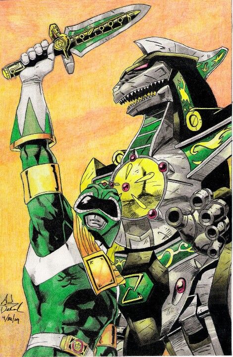 Green Ranger in front of his Green Dragon Megazord Cartoon Memories, Green Power Ranger, Power Rangers Comic, Power Rangers Series, Tommy Oliver, Power Rangers Fan Art, Funny Artwork, All Power Rangers, Power Rangers Art