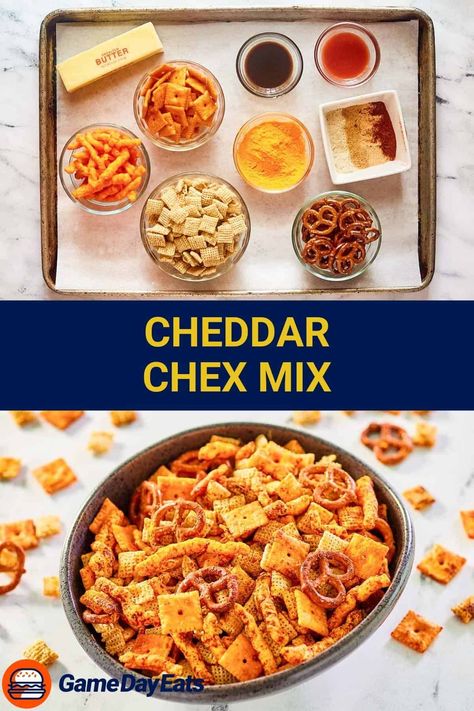 Get ready to score big at your next party with Cheddar Chex Mix! This mouth-watering snack is a touchdown of flavors, combining the crunch of Chex cereal, mini pretzels, Cheetos, and Cheez-Its, all tossed in a rich, buttery blend of seasonings. Each bite offers a burst of cheesy goodness thanks to a special twist – a sprinkle of cheddar cheese powder! It's simple to make and perfect for sharing. Get the easy recipe and find out how to make the best homemade Cheddar Chex Mix. Cheddar Chex Mix Homemade, Cheddar Cheese Chex Mix Recipe, Cheddar Chex Mix Recipe, Cheese Chex Mix Recipes, Cheese Chex Mix, Cheesy Chex Mix, Chex Mix Ingredients, Chex Party Mix Recipe, Ranch Chex Mix