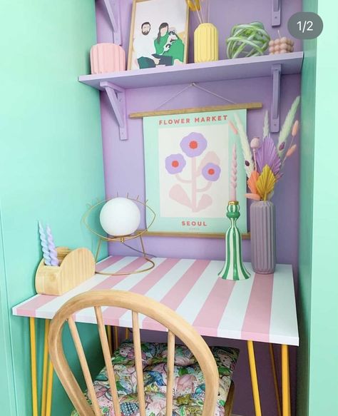 Purple Craft Room, Dopamine Interior, Pastel Rainbow Room, Colourful Desk, Rainbow Rooms, Pastel Office, Funky Office, Rainbow Furniture, Pastel Interior Design