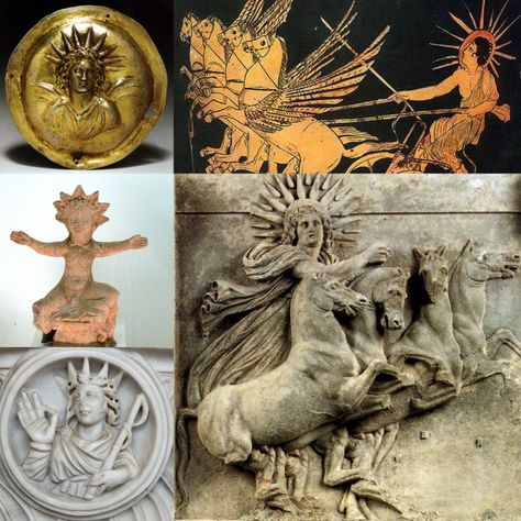 HELIOS/SOL INVICTUS: personificación del Sol, también identificado como dios de la luz. Hijo de Hiperión y Tea. Hermano de Selene (Luna) y Eos (aurora). Se le representaba como un dios coronado con una brillante aureola del sol, conduciendo un carro (según Homero tirado por toros solares) por el cielo, cada día circundaba la tierra y regresaba por el Océano hacia el este por la noche.  Tuvo una amplia descendencia. #Magarte  #Historiadelarte #arthistory #mitologia #mythology 56/365 Dies Natalis, Sol Invictus, Electric Universe, Pagan Gods, Roman Gods, Ancient Artifacts, Thoughts And Feelings, Greek Mythology, Sun Moon