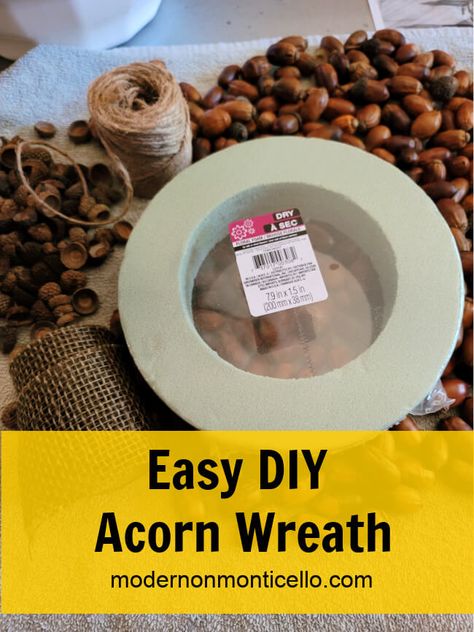 easy diy acorn wreath made from acorns you collect from nature and prepare for use in crafts. Modern on Monticello #fallwreaths #acorns #acornwreaths #diywreaths Acorn Wreath, Acorn Decorations, Colorful Ornaments, Fall Decor Diy Crafts, Acorn Crafts, Fall Art Projects, Neutral Fall Decor, Fall Crafts Diy, Seasonal Wreaths