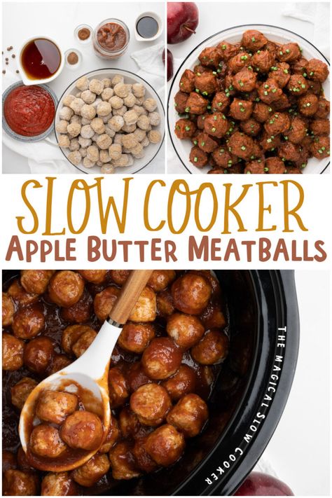 Slow Cooker Apple Butter Meatballs - The Magical Slow Cooker Slow Cooker Pot Luck Ideas, Savory Apple Appetizers, Fall Meatballs Crockpot, Apple Butter Meatballs, Pumpkin Meatballs, Apple Appetizers, Apple Meatballs, Butter Meatballs, Spiced Apple Butter