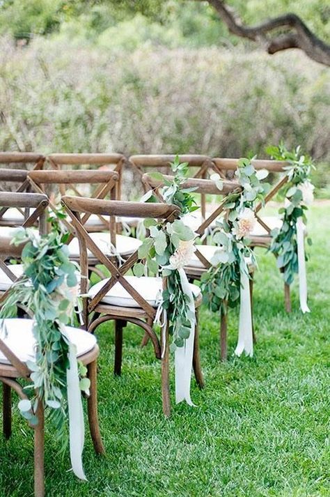 Greenery with cream ribbons is simple, lovely aisle decor / http://www.himisspuff.com/outdoor-wedding-aisles/8/ Eucalyptus Wedding Decor, Wedding Ceremony Chairs, Elegant Backyard Wedding, Wedding Aisle Outdoor, Greenery Wedding Decor, Ceremony Chairs, Wedding Chair Decorations, Flowers And Greenery, Wedding Aisle Decorations