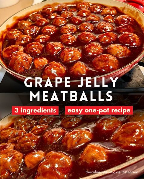 Grape Jelly Meatballs | 3-Ingredient Recipe | One-Pot Dish | Grape Jelly and Barbecue Meatballs | Easy Dinner Recipe | Simple Party Appetizer via @diyjoycrafts Party Meatballs Grape Jelly, Grape Meatballs, Jelly Meatballs Crockpot, Stovetop Meatballs, Grape Jelly Chili Sauce, Jelly Meatball Recipe, Grape Jelly Meatballs Recipe, Barbecue Meatballs, Jelly Meatballs