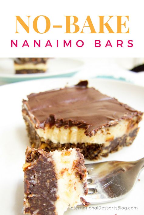 The absolute best classic Nanaimo Bar recipe with custard filling! No bake means no oven required. Perfect summer dessert recipe! Super easy to make, great for kids, holidays, and office parties. Click to get the recipe! Canadian dessert recipe | no bake recipe | chocolate dessert recipe | coconut dessert recipe | easy dessert recipe | classic canadian nanaimo bars Nanaimo Bar Cheesecake, Canadian Dessert Recipes, Nanaimo Bars Recipe, Nanaimo Bar Recipe, No Bake Christmas, Canadian Dessert, Delicious Holiday Desserts, International Desserts, Nanaimo Bars