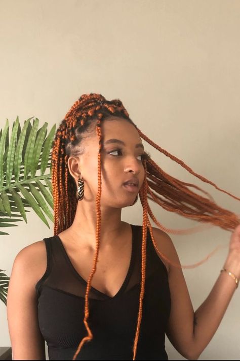 Burnt Orange Auburn Braids Box Braids Winter Autumn Fall Hairstyle Ideas Braided Orange Box Braids, Colored Box Braids, Braid Inspiration, Orange Box, Ginger Hair Color, Type 4 Hair, Twist Braid Hairstyles, Funky Hairstyles, Coily Hair