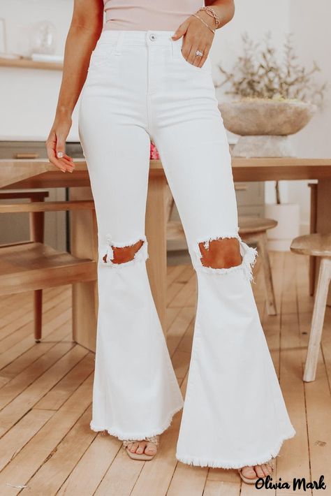 Frayed Flare Jeans, Ripped Dress, White Flared Jeans, Ripped Jeans Women, White Ripped Jeans, White Flares, Stylish Jeans, Frayed Jeans, Polyester Pants