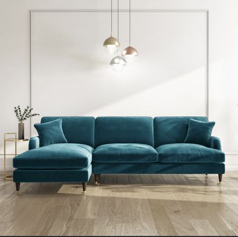 Blue Velvet Loveseat, Chaise Corner, Teal Velvet, Velvet Loveseat, Room Decor Inspiration, Living Room Decor Inspiration, Shaped Sofa, Sofa Ideas, The Weaver