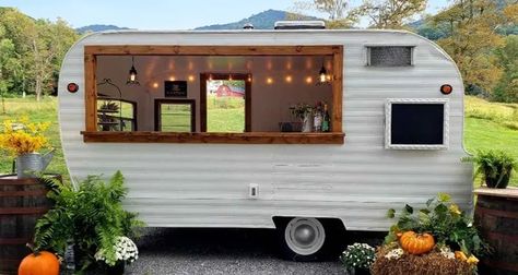 Adorable Vintage Event Camper or Food Truck – Project Small House Camper Food Truck, Camper Food, Candy Pizza, Stained Wood Trim, Food Carts For Sale, Mobile Cocktail Bar, Food Trailer For Sale, Waffle Ice Cream, Mobile Food Trucks