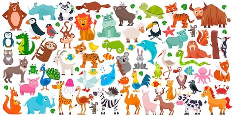 Vector big set of cute cartoon animals. ... | Premium Vector #Freepik #vector #animal-set #animals #wild-animals #cartoon-animals Animals Vector Illustration, Wild Animals Vector, Cartoon Photo, Owl Cartoon, Daycare Crafts, Cute Cartoon Animals, Wildlife Animals, Baby Cartoon, Cartoon Images