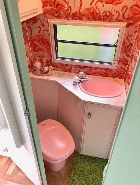 Small Travel Trailer Remodel, Modern Camper, Small Travel Trailer, Pink Trailer, Dream Camper, Camper Bathroom, Camper Interior Design, Rv Bedroom, Tiny House Camper