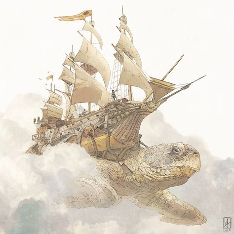 Turtle Ship, Zeppelin Balloon, Flying Ships, Flying Ship, Turtle Time, Turtle Island, Magical Art, Turtle Art, Marine Animals