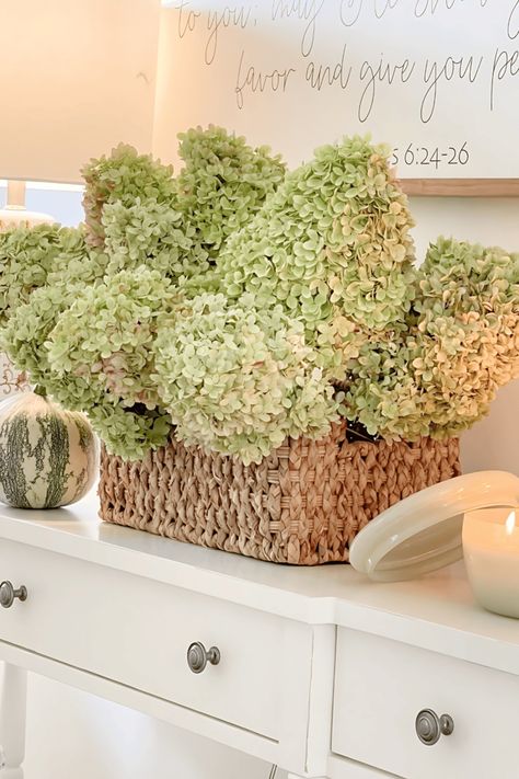 Learn how to dry hydrangeas the easy way and preserve their beauty for year-round decor. Enjoy stunning blooms long after summer has passed. How To Dry Gourds, Transitional Home Decor Ideas, White Buffet, Books And Coffee, Easy Fall Decor, Dried Hydrangeas, Transitional Home Decor, Fall Arrangements, Fall Kitchen