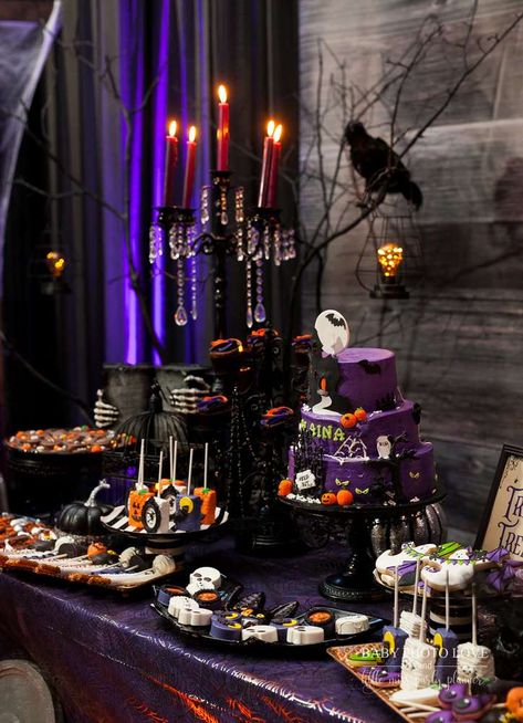 Alainas Spooktacular Halloween Party | CatchMyParty.com 16 Birthday Party Ideas Halloween, Halloween Inspired Birthday Party, Halloween Themed 60th Birthday, Halloween Dessert Table Decor, Halloween Birthday Dessert Table, Halloween Birthday Party Ideas For Teens, Halloween Sweet 16 Party Ideas, Halloween Party Sweets, Sweet 16 Halloween Party Ideas